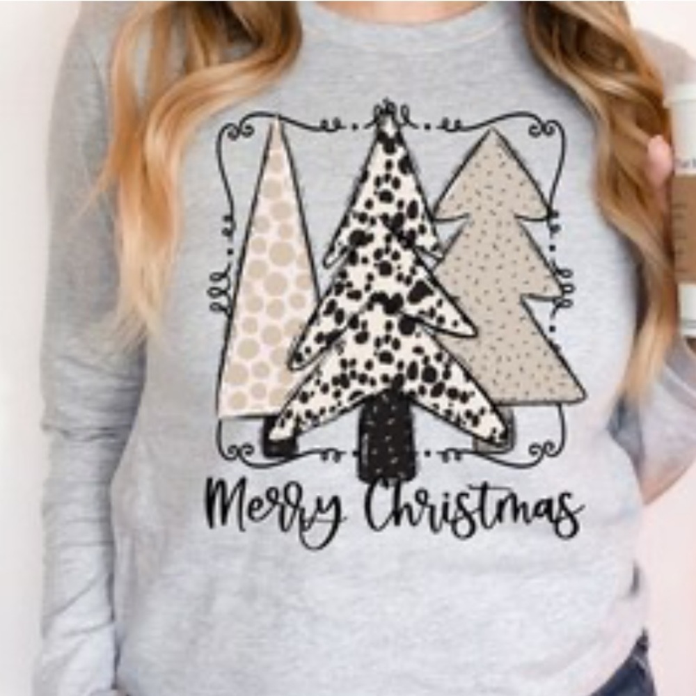 Gray Merry Christmas Graphic Sweatshirt with Christmas trees.